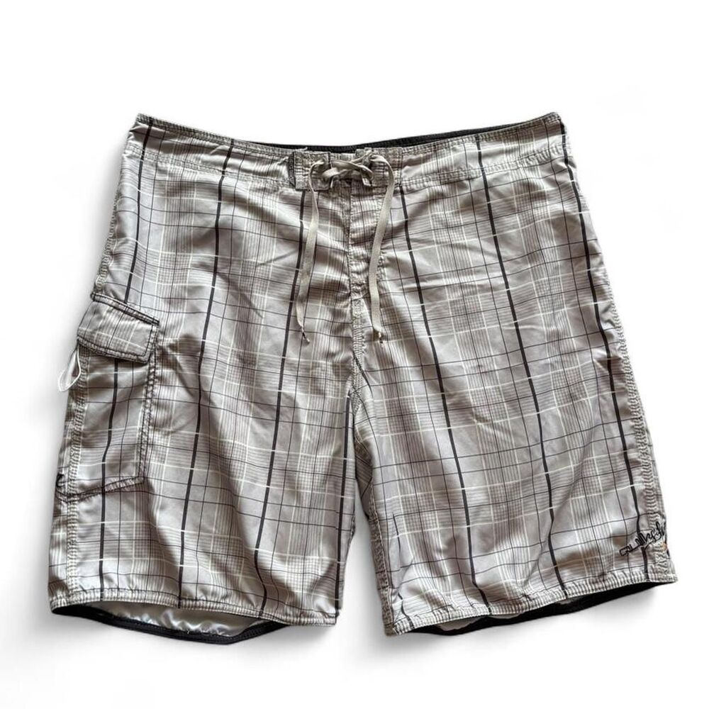 Y2K Quiksilver Men's Board Shorts Size 40 Brown Tan Plaid Pattern